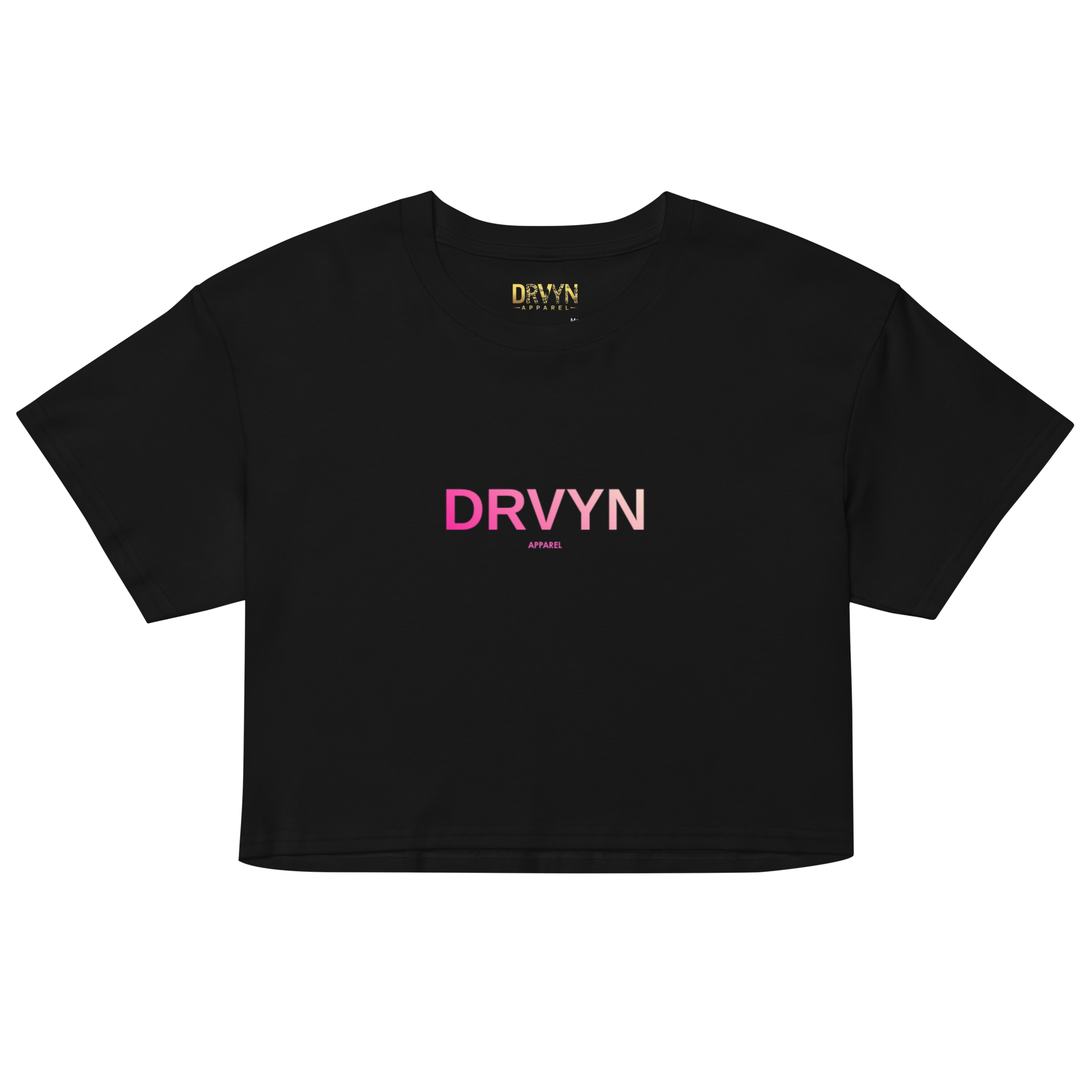 A black short-sleeve crop top t-shirt featuring the brand name 'DRVYN' printed in pink on the chest, with a smaller 'WATER' text underneath. The inner collar also features a yellow 'DRVYN' logo.