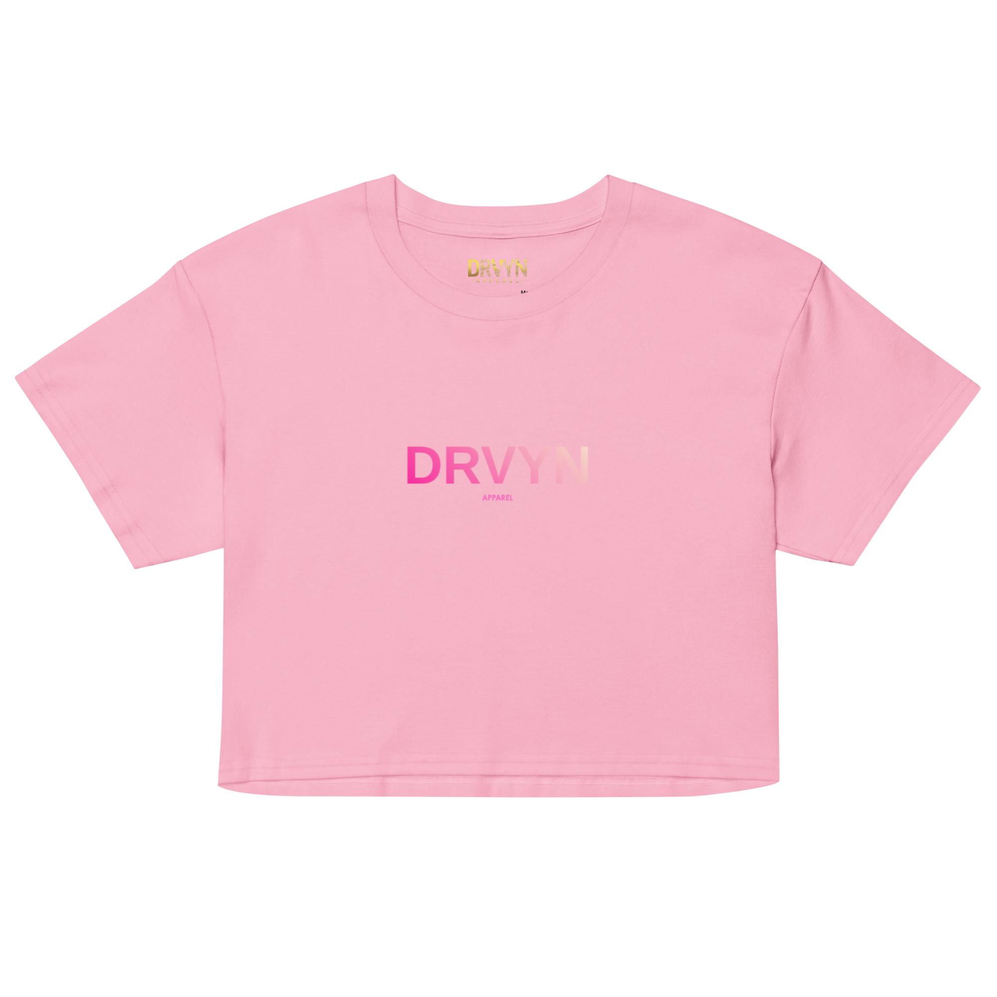 A pink short-sleeve crop top t-shirt with 'DRVYN' printed in a pink-to-yellow gradient on the chest, displayed flat against a solid white background.