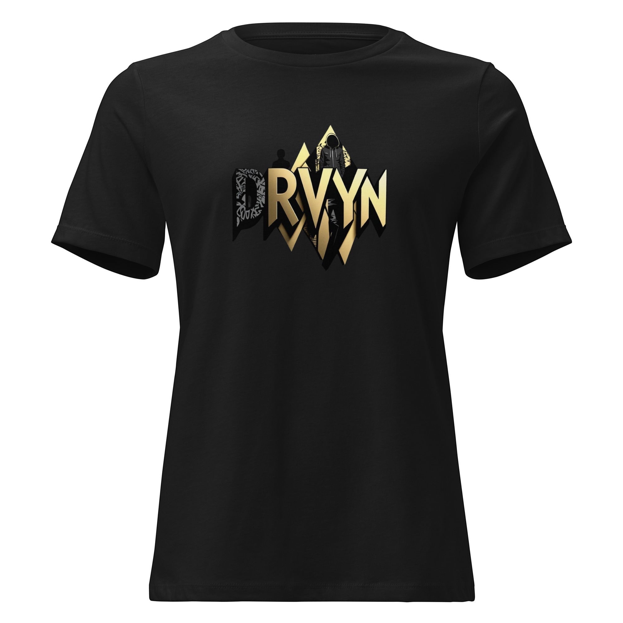 Drvyn Apparel black 100% cotton relaxed fit graphic tee with gold DRVYN logo and crew neck.
