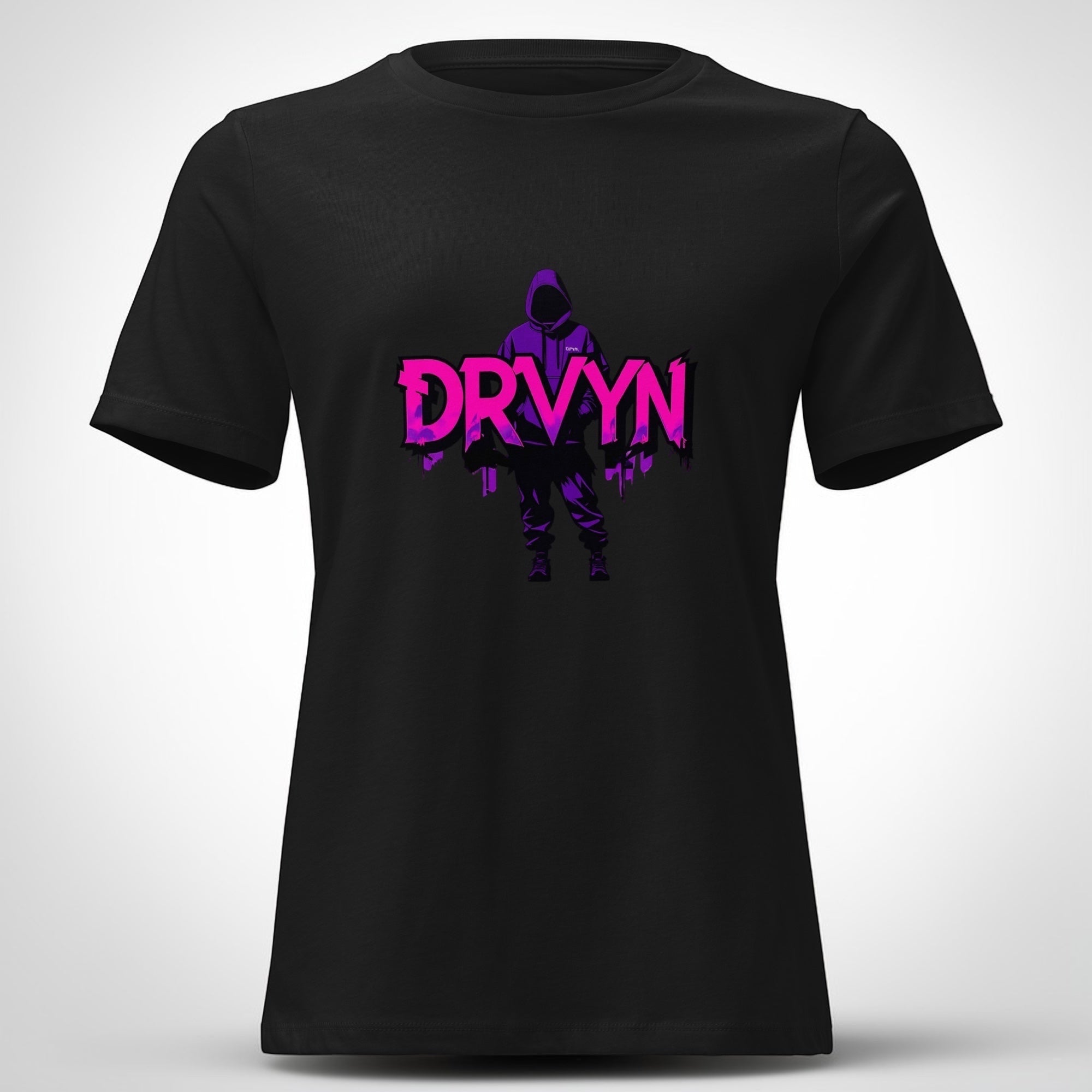 Drvyn Apparel black 100% cotton relaxed fit tee with a bold purple DRVYN graphic and hooded figure.