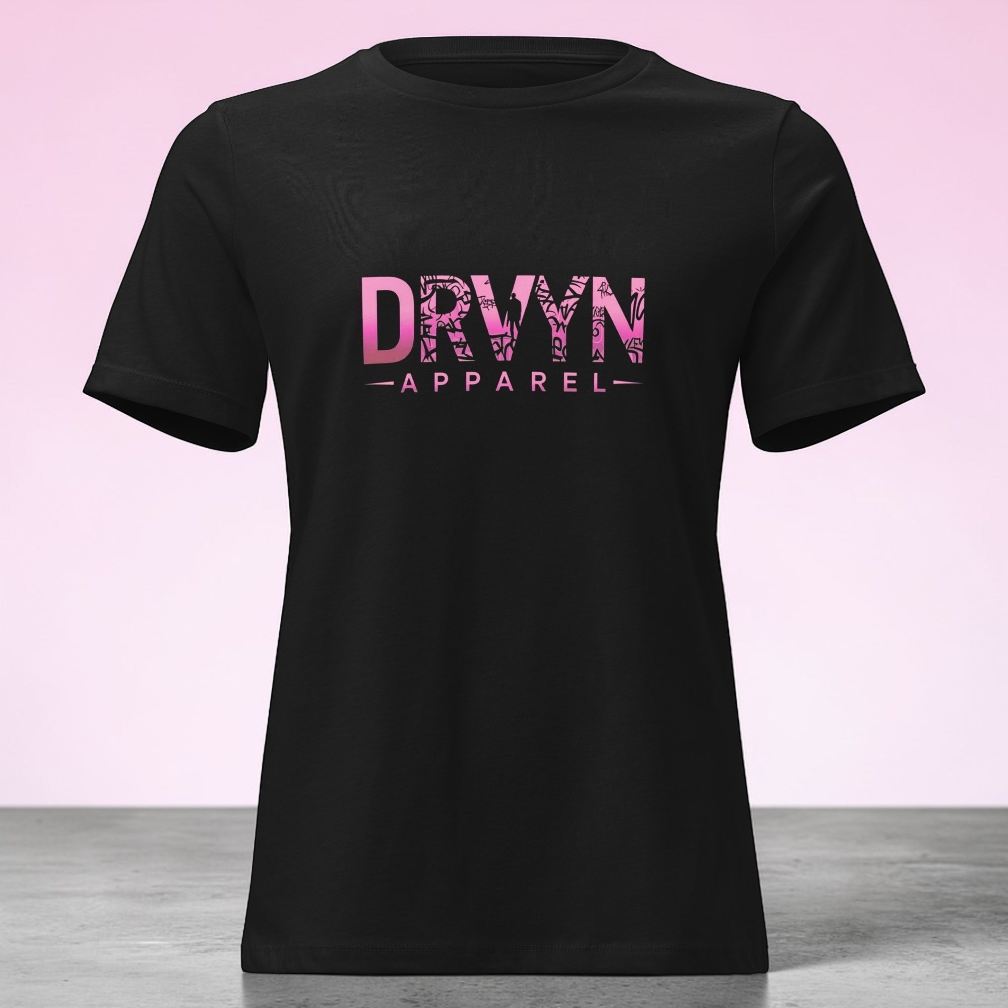 Drvyn Apparel black 100% cotton t-shirt with pink gradient logo and crew neck.