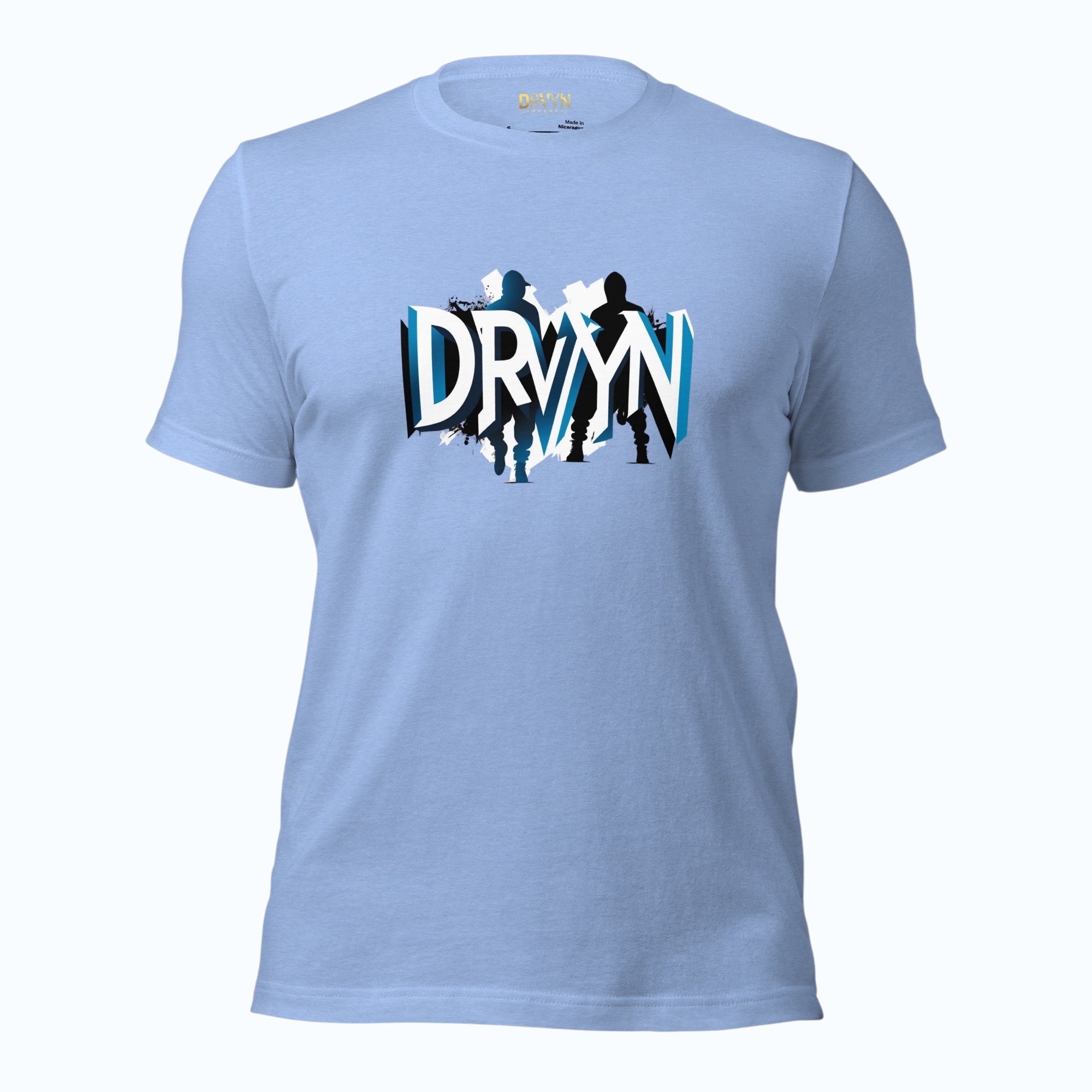 Drvyn Apparel heather Carolina blue cotton-poly blend t-shirt with bold front graphic and silhouette detail.