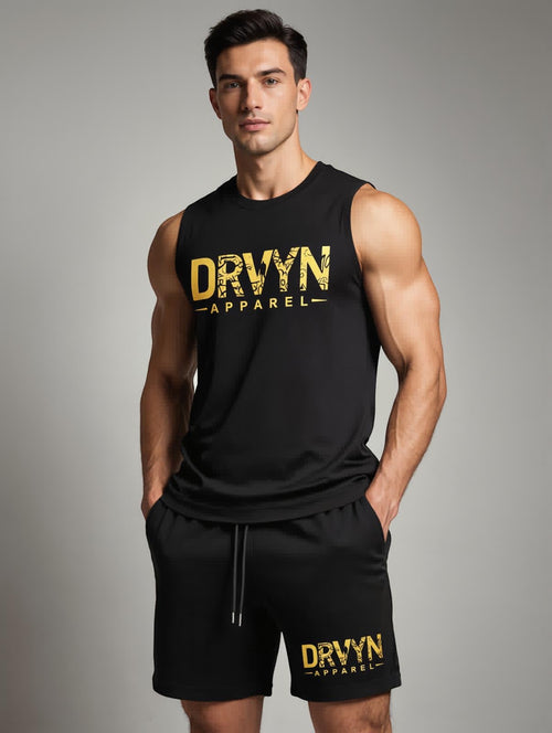 Drvyn Apparel men's black sleeveless active set with gold logo on tank and shorts. Lightweight, breathable fabric for gym or casual wear.