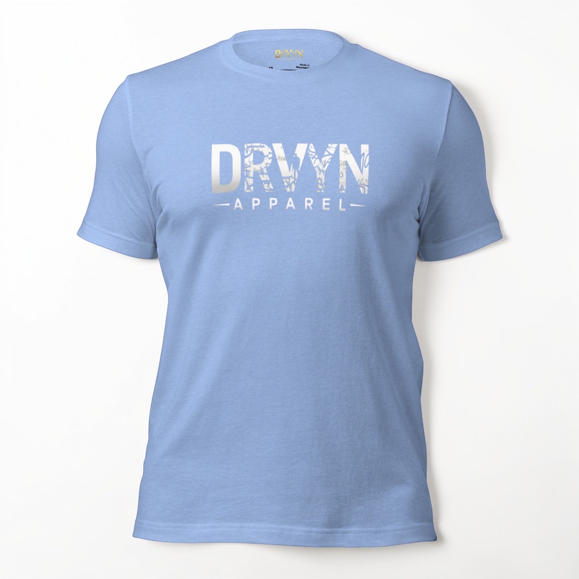 Drvyn Apparel men's light blue cotton t-shirt with white DRVYN logo and text.