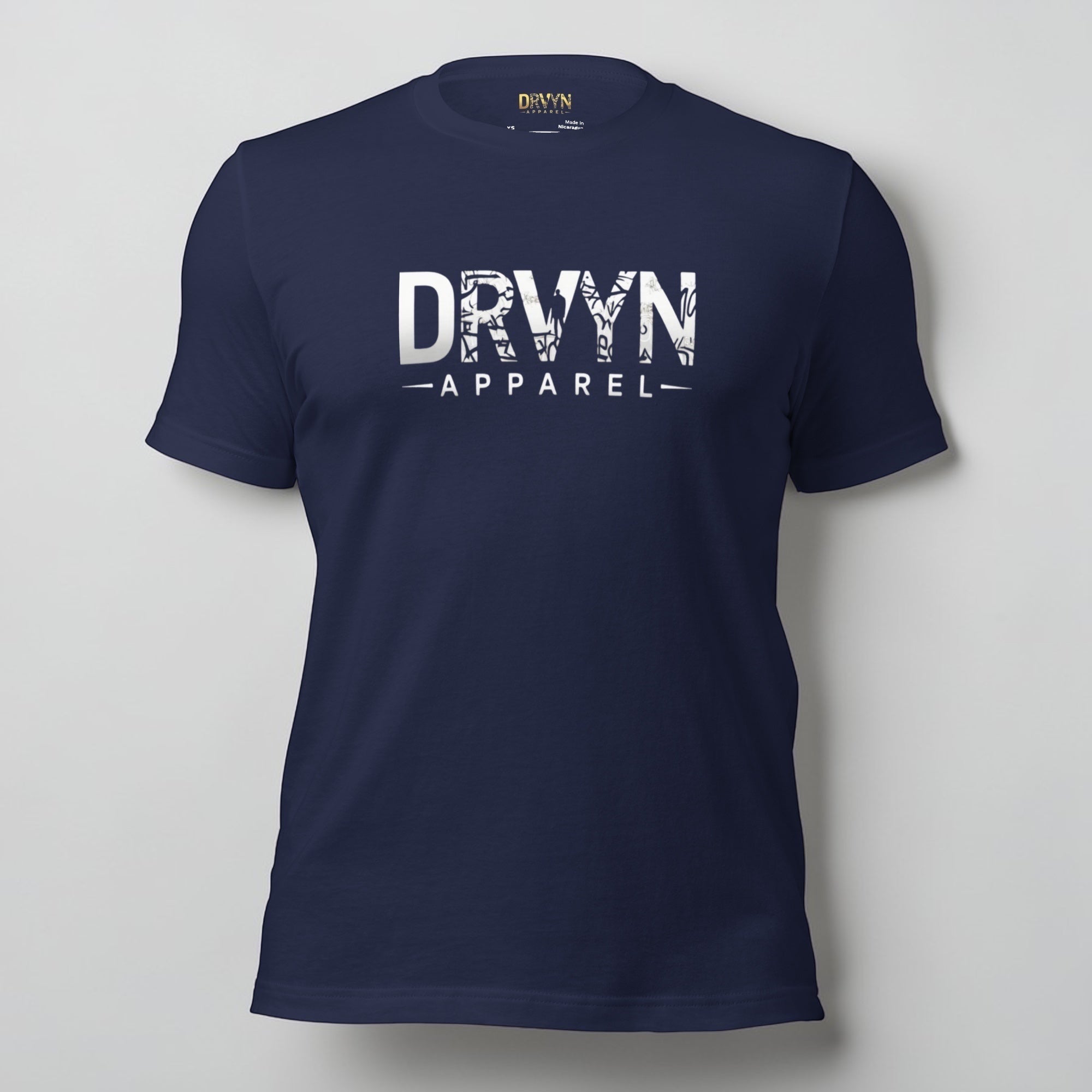 Drvyn Apparel men's navy blue 100% cotton t-shirt with white DRVYN logo and text graphic.