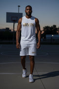 Drvyn Apparel men's white sleeveless active set with gold logo on tank and shorts. Athletic fit.
