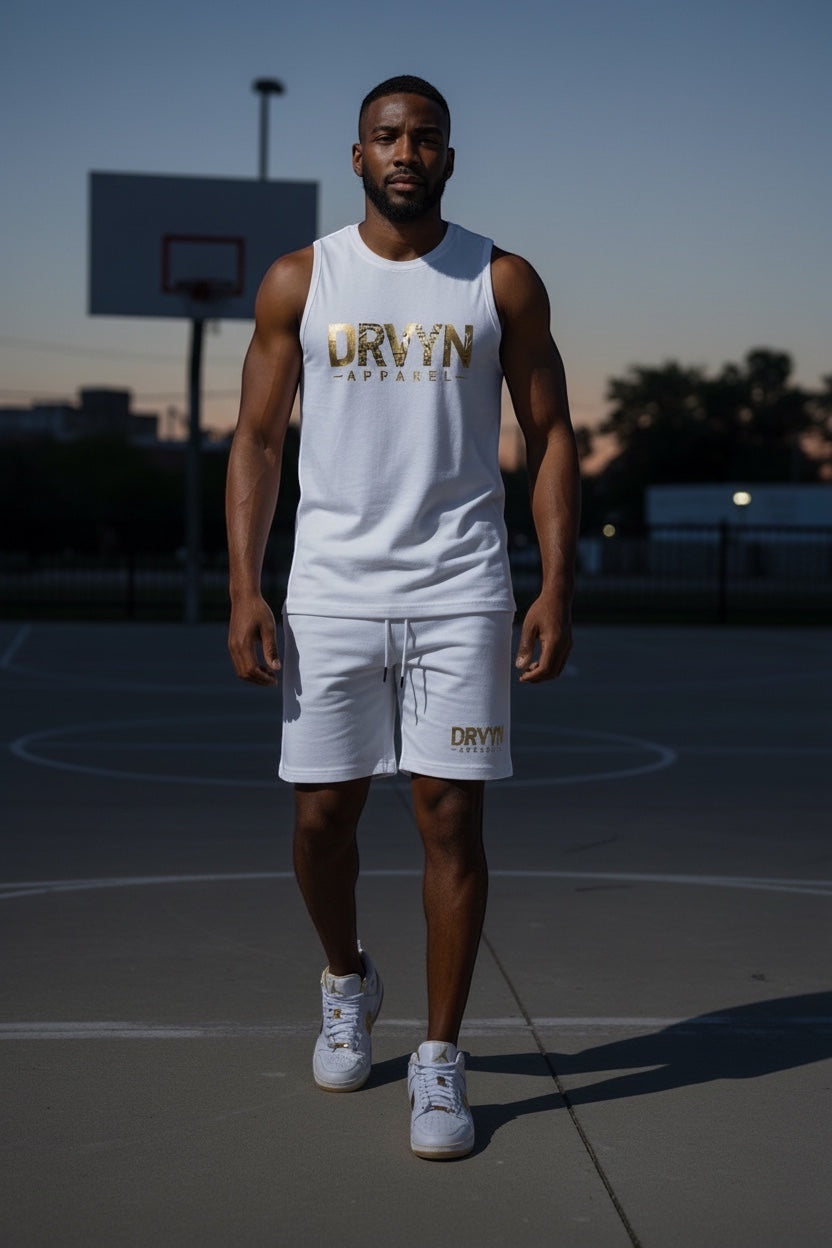 Drvyn Apparel men's white sleeveless active set with gold logo on tank and shorts. Athletic fit.