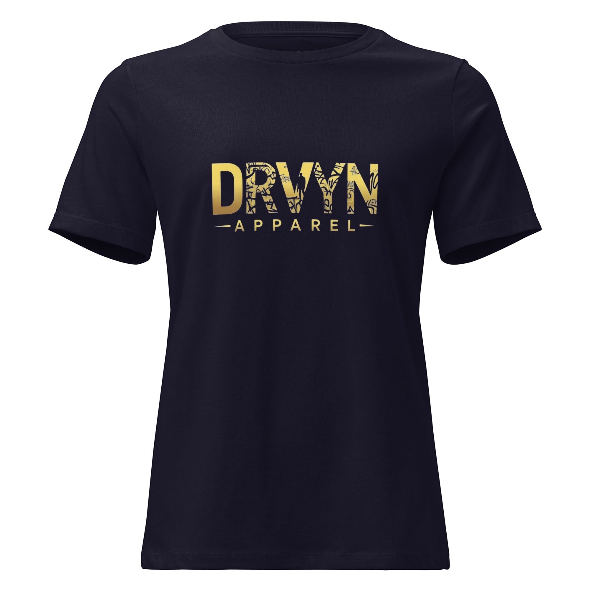 Drvyn Apparel women's navy blue 100% cotton t-shirt with gold DRVYN logo and crew neck.