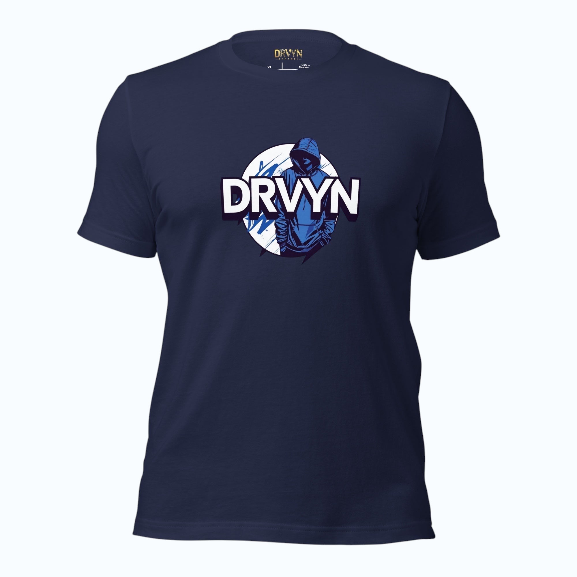 Drvyn Apparel navy blue 100% cotton t-shirt with a graphic print of a person in a hoodie and the DRVYN logo.
